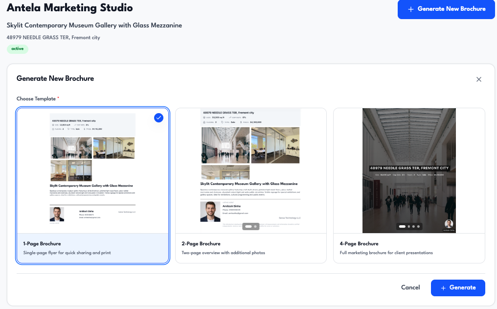 AI-generated commercial real estate marketing studio with brochures, maps, and OM layouts